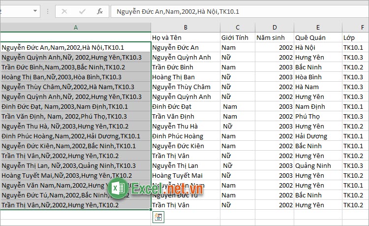 Đã tách dữ liệu từ 1 ô thành nhiều ô trong Excel bằng Text to Columns