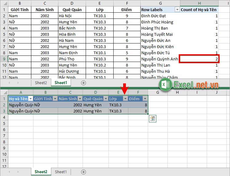 Nhấp đúp chuột vào số trùng trong cột Count, Excel sẽ đưa bạn tới sheet mới