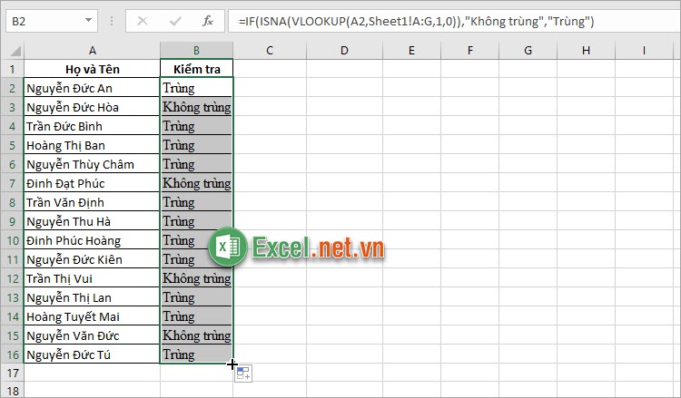Sao chép công thức xuống các ô bên dưới để kiểm tra tên trùng trong Excel