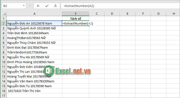 Sử dụng hàm =ExtractNumber để tách số ra khỏi chuỗi kí tự trong Excel
