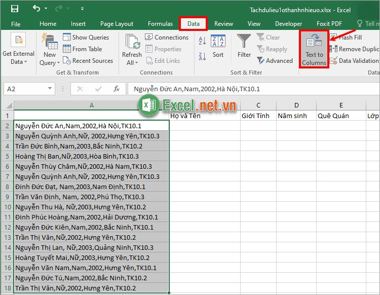 Trên tab Data bạn chọn Text to Columns trong phần Data Tools