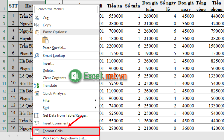 Chọn vùng dữ liệu cần khóa trong Excel, nhấn chuột phải chọn Format Cells