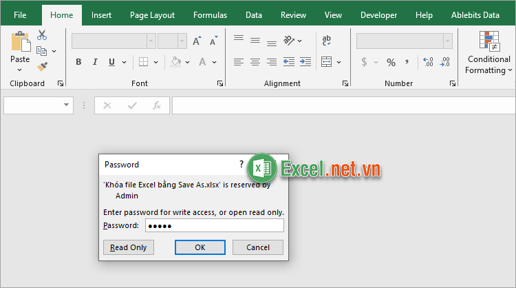 Mở file Excel bạn vừa khóa và nhập mật khẩu để mở file Excel
