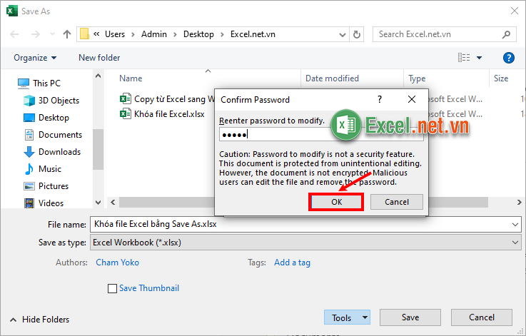 Nhập mật khẩu Password to modify vào ô Reenter password to modify