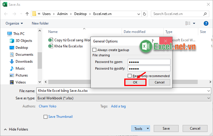 Tạo mật khẩu khóa file Excel