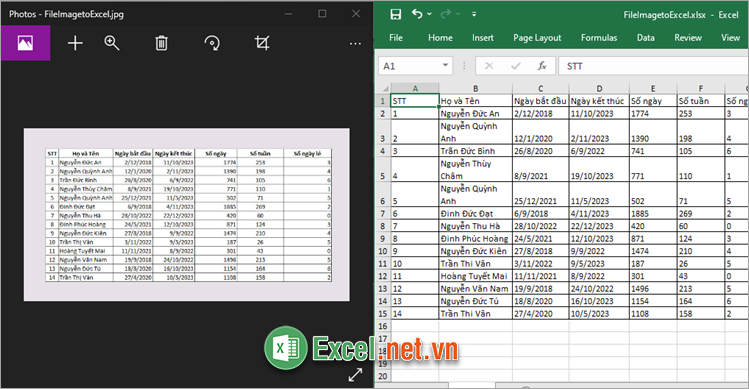 File ảnh của bạn được chuyển thành Excel thành công