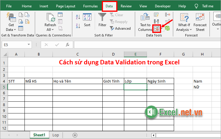 Nhấn vào biểu tượng Data Validation