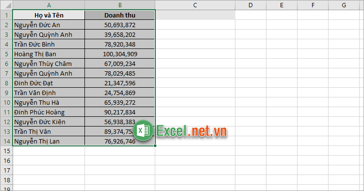 Chọn vùng dữ liệu cần tô màu trong Excel