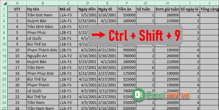 Chọn Ctrl + A để chọn tất cả các hàng rồi nhấn tổ hợp phím tắt Ctrl + Shift + 9