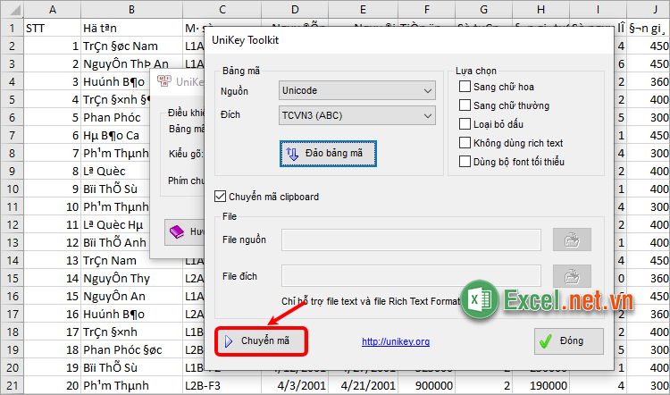 Nhấn Chuyển mã để sửa lỗi phông chữ trong Excel