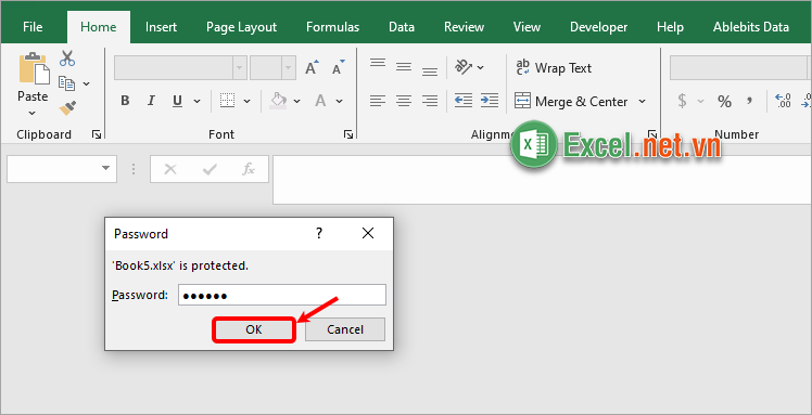 Nhập mật khẩu để truy cập file Excel