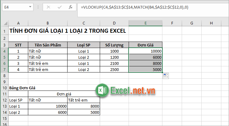 Sao chép công thức xuống các dòng dưới để nhanh chóng tính đơn giá loại 1 loại 2 trong Excel