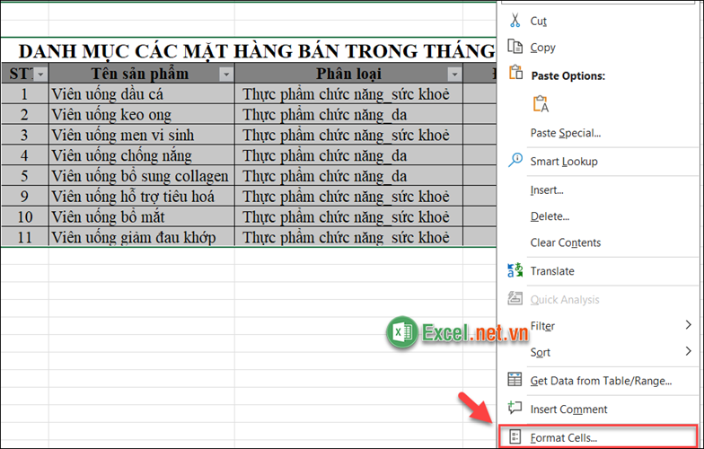 Chọn Format Cells